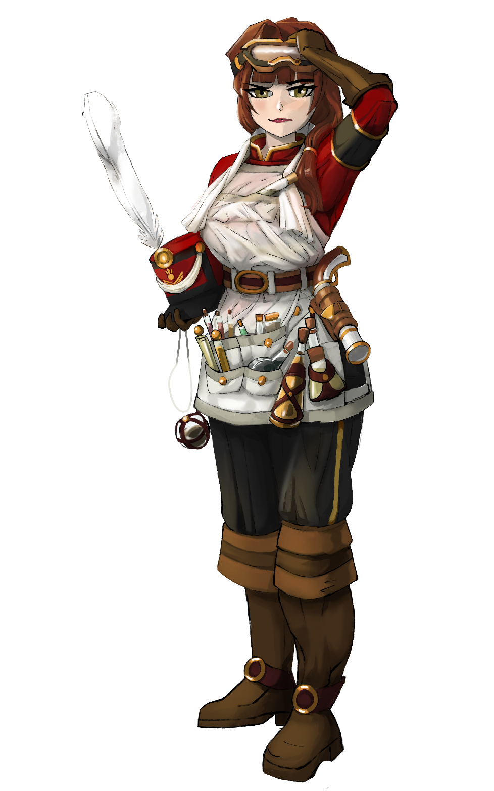 A wide woman with pale skin, brown hair, hazel eyes, and a red military uniform. A white apron carries a bevy of alchemical supplies.
